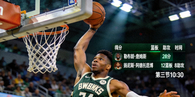 NBA季后赛高清直播画面，显示球员扣篮特写与实时数据统计图表